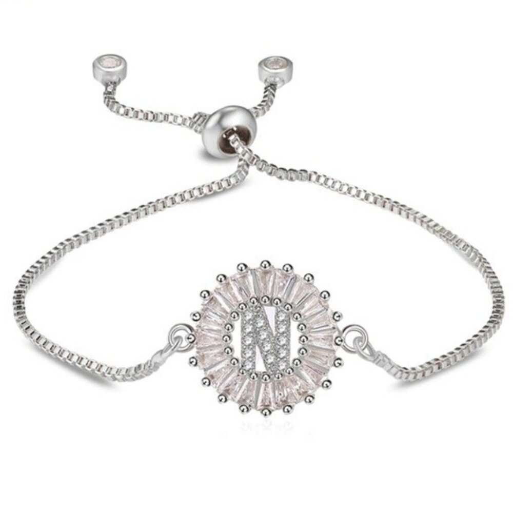 Letter "N" Initial Round Silver Bracelet